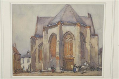 Lot 806 - Frederick (Fred) Lawson (1888-1968) French cathedral with a figure on horseback Signed and...