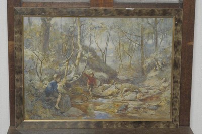 Lot 827 - Albert George Stevens (1863-1925) Children playing in a rocky stream, possibly Musgrave Woods,...