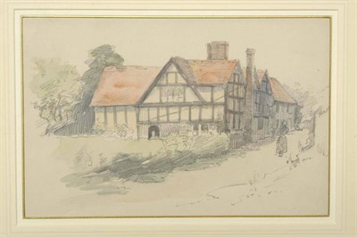 Lot 830 - Joseph John Richard Bagshawe RBA (1870-1909) Figure on a path approaching a half timbered house...