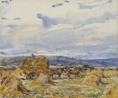 Lot 832 - Rowland Henry Hill (1873-1952) Figures haymaking near a horse drawn cart Signed and dated 1927,...