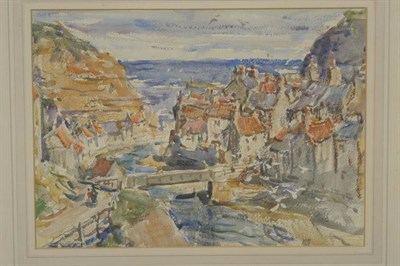 Lot 833 - Rowland Henry Hill (1873-1952)  Figures on a path beside a bridge at Staithes Signed, pencil...