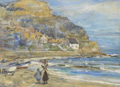 Lot 843 - Rowland Henry Hill (1873-1952) Figures on the beach at Runswick Bay Signed and inscribed verso,...