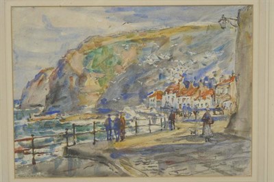 Lot 844 - Rowland Henry Hill (1873-1952) Figures on a stone jetty at Staithes Signed, pencil and...