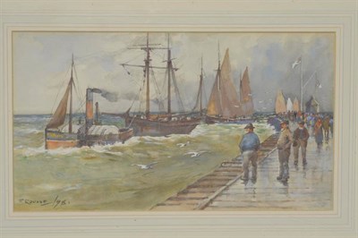 Lot 849 - Frank Rousse (fl.1897-1917) Steam tug off a pier, with other fishing boats nearby Signed and...