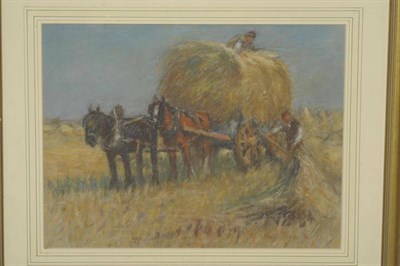 Lot 850 - James William Booth RCamA (1867-1953) Haymaking Signed, pastel drawing, 24cm by 32cm