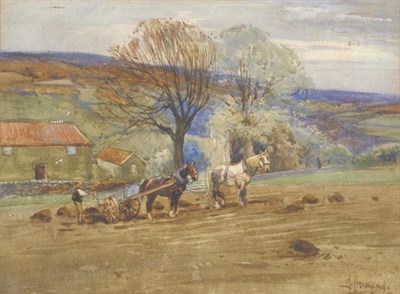 Lot 851 - John Atkinson (1863-1924) Figure loading hay into a horse drawn cart Signed, pencil and watercolour