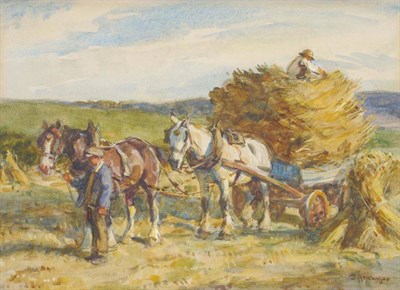 Lot 852 - John Atkinson (1863-1924) Figures with horses pulling a hay cart Signed, pencil, watercolour...