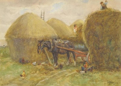 Lot 853 - John Atkinson (1863-1924) Figures harvesting, a horse drawn cart nearby Signed, inscribed...