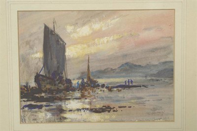 Lot 856 - Robert Leslie Howey (1900-1981)  Beach scene at low tide with figures beside a fishing boat Signed