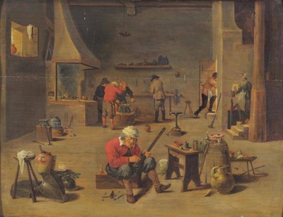 Lot 870 - Follower of David Teniers II (18th century) Interior of a forge, with figures at an anvil Oil...