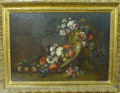 Lot 874 - Continental School (18th century)  "Flower Piece with Plums " Indistinctly inscribed verso, oil...