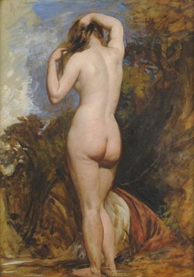 Lot 877 - William Etty RA (1787-1849) Study of a female nude, from behind, standing in a pool by trees...