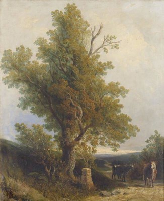 Lot 887 - Circle of John Crome (19th century) Cattle on a lane beside a large oak tree Oil on canvas,...