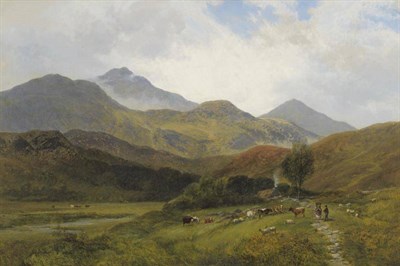 Lot 889 - George Shalders (1826-1873) Scene in North Wales, with figures, cattle and sheep Signed and...