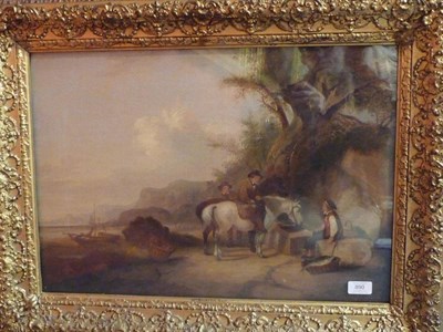 Lot 890 - Follower of William Shayer Snr (19th century) Figures and horses beside a tree Inscribed on the...