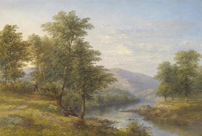 Lot 898 - James Poole (1804-1886) Summer river landscape with figures fishing beside trees Signed, oil on...