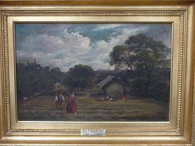 Lot 900 - John Joseph Hughes (1820-1909)  "Haymaking " Signed, inscribed on a plaque, oil on canvas, 33cm...