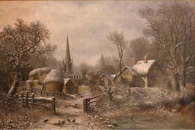 Lot 901 - Charles Leaver (1860-1884) A Winter Landscape with chickens beside a gateway, a village beyond,...