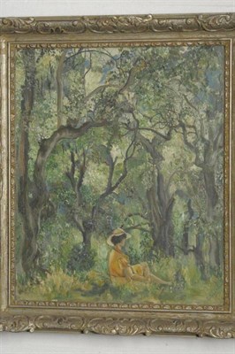 Lot 907 - C...Sykes (20th century)  "Lady in Woodland, North of Cannes " Signed, inscribed verso, oil on...