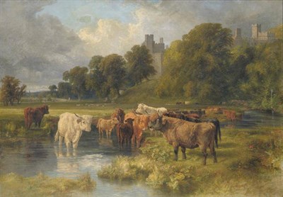 Lot 908 - William Henry Pigott (1835-1901) Cattle grazing near the River Wye, Haddon Hall beyond Signed...