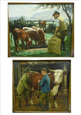 Lot 912 - William Gunning King (1853-1940)  "Feeding the Calves ";  "The Vet " One signed and...