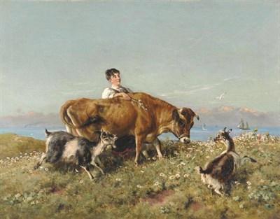 Lot 913 - William Woodhouse (1857-1939) Milkmaid with Jersey cow and goats on a sunlit cliff top Signed,...