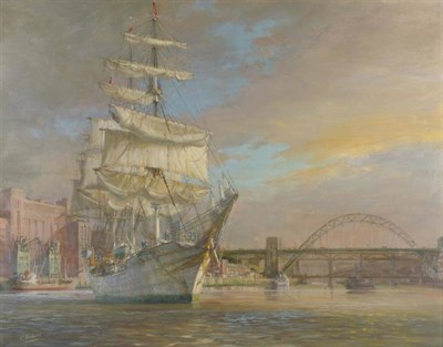 Lot 922 - Walter Holmes (b.1936) Tall ship on the Tyne Signed, oil on board, 71cm by 91cm