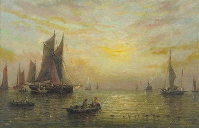 Lot 923 - Adolphus Knell (fl.1860-1890) Shipping in a calm, early morning; Hay barge and other boats on a...