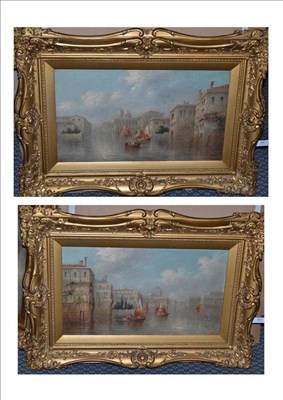 Lot 940 - James Salt (1850-1903) Venetian Capriccio; Fishing boats on a Venetian canal Both signed, oil...