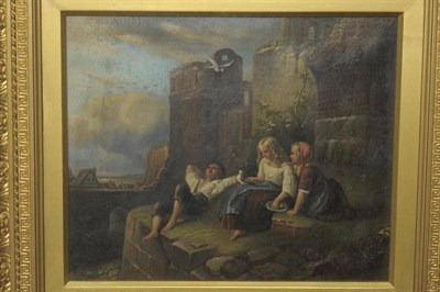 Lot 943 - Attributed to L...Permenzel (19th century) Children amongst Italianate ruins Signed, inscribed...