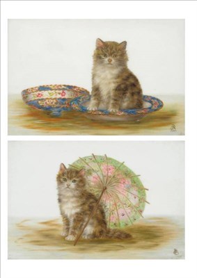 Lot 958 - Bessie Bamber (fl.1900-1910) Kitten seated beside a Japanese parasol; Kitten seated beside a muffin