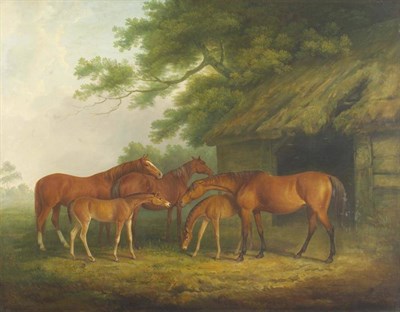 Lot 963 - James Barenger (1780-1831)  "Mares and Foals near a Thatched Barn " Signed and dated 1816,...