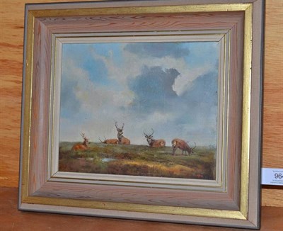 Lot 964 - H...Raoul Millais (1901-1991) Stags on a hillside Initialled, inscribed verso, oil on canvas,...