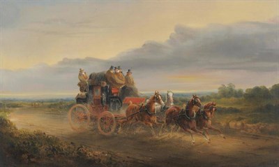 Lot 965 - Charles Cooper Henderson (1803-1877) The London to Louth mail coach on an open road Oil on...