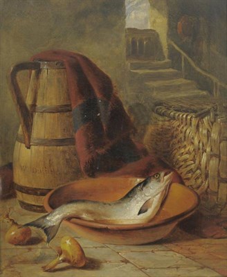 Lot 972 - William Duffield (1816-1863) Still life of a salmon in an earthenware bowl Signed, oil on...