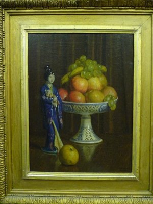 Lot 974 - John Bernard Munns RBSA, NSA (1869-1942)  Still life of fruit on a blue and white dish, with an...