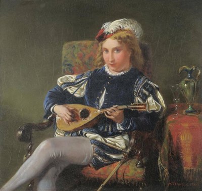 Lot 979 - Henry Stanier (fl.1847-1884, d.1892) Young man seated on a chair playing a lute Signed and...