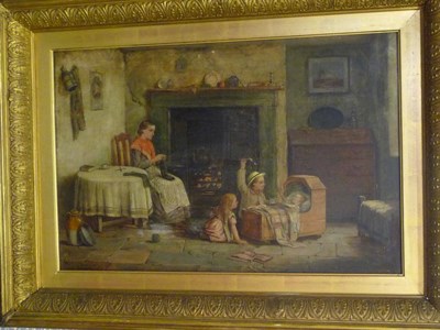 Lot 982 - S... Dawson (19th century) Interior scene with a girl knitting beside a fireplace, children...