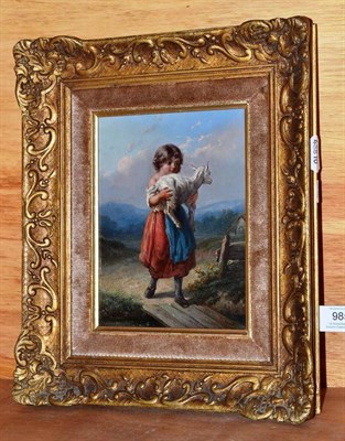 Lot 985 - R...Favelle (19th century)  "Crossing the Stream " Signed, inscribed verso, oil on panel, 21cm...