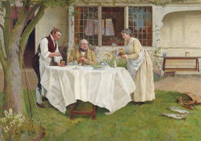 Lot 991 - Walter Dendy Sadler RBA (1854-1923) Garden scene with a gentleman seated at a table Signed, oil...