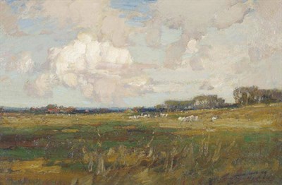 Lot 1000 - Kershaw Schofield (1872-1941) Sheep grazing in a sunlit meadow, possibly the Vale of York...