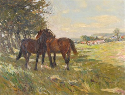 Lot 1006 - James William Booth RCamA (1867-1953)  Horses in a sunlit field Signed, oil on canvas, 69.5cm...