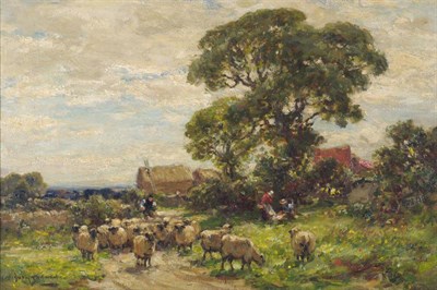 Lot 1007 - Owen Bowen ROI, PRCamA (1873-1967)  The Picnic, a country lane with a shepherd and sheep...