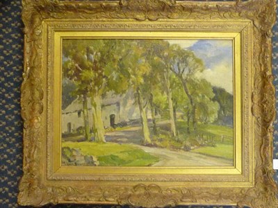 Lot 1008 - Owen Bowen ROI, PRCamA (1873-1967) Dales barn amongst trees Signed, oil on canvas board, 30.5cm...