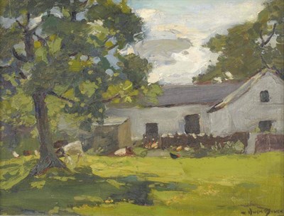 Lot 1009 - Attributed to Owen Bowen ROI, PRCamA (1873-1967)  Farmyard with chickens beside a barn Bears a...