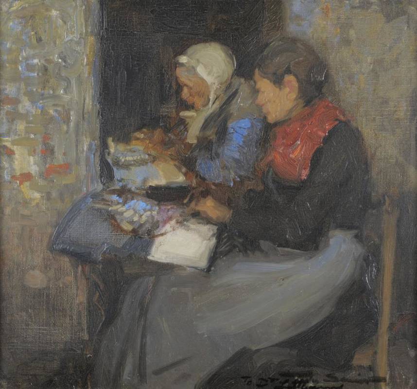 Lot 1011 - Mark Senior NPS (1862-1927)  "Breton Lace Makers " Signed, inscribed, oil on canvas, 46.5cm by 51cm