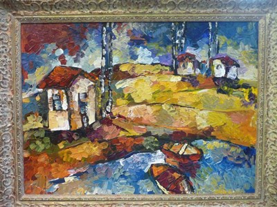 Lot 1024 - Maya Eventov (b.1964) Russian Lakeside Cottage Oil on board, 54.5cm by 74cm