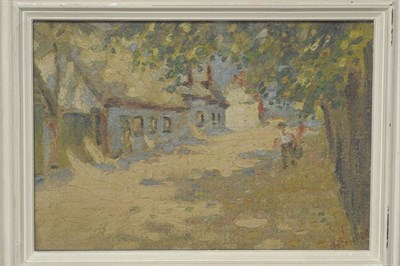 Lot 1027 - ....Fowler (20th century) Figures on a village lane beside cottages Oil on board, 25cm by 35.5cm