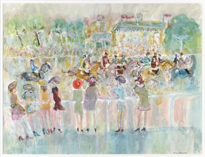 Lot 1031 - Michael Gibbison (b.1937)   "At the Races " Signed, inscribed verso, watercolour and gouache...