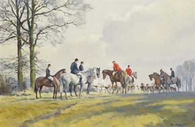 Lot 1034 - Donald Grant (b.1942) Hunting scene with figures on horseback Signed, inscribed on a plaque, oil on